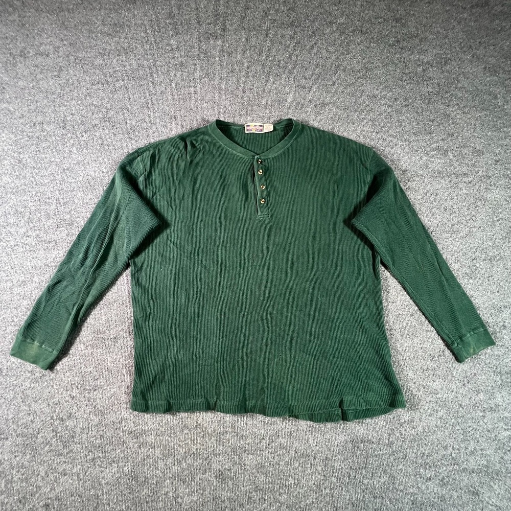 Northcrest Henley T-Shirt Mens XL Green Waffle Knit Cotton Thermal Long Sleeve
